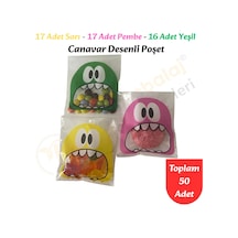 50 Adet Sarı-pembe-yeşil Renkli Canavar Desenli Cake Pop & Kurabiye Poşeti-10x15 Cm