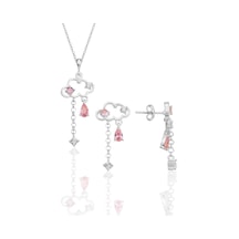 Gümüş Rodyumlu Pembe Zirkon Taşlı Bulut Kolye Ve Küpe İkili Set Barcode Beyaz