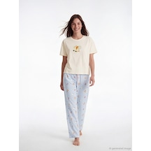 Lcw Dream Ekru Bisiklet Yaka Desenli Kadın Pijama Takım