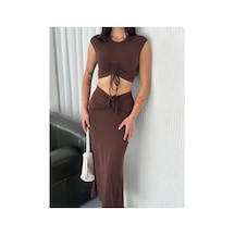 Osy Modal Yumuşak Dokulu Kumaş Büzgülü Crop Etek Takım -kahverengi
