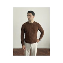 Cool Tarz Erkek Bisiklet Yaka Slim Fit Saç Örgülü Triko Kazak Kahverengi Kahverengi