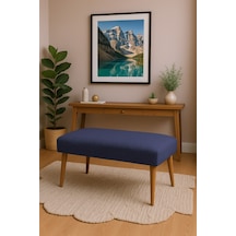 Azra Mobilya Modern Keten Kumaş Puf Bench 90x45 Cm Demonte Ahşap Ayaklı Oturma Pufu - Mavi Lacivert