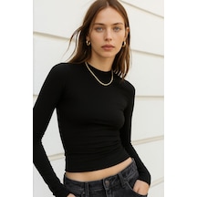 Rich Kadın Siyah Bisiklet Yaka Esnek Kumaşlı Vücuda Oturan Slim Fit Uzun Kollu Crop Body Siyah