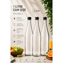 3 Adet Şerbetlik Siyah Plastik Kapaklı Cam Şişe 1 Litre Şeffaf Sürahi Süt, Ayran, Su, Limonata Meşrubat Şişesi
