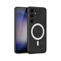 Galaxy Uyumlu S24 Kılıf M-safe Şarj Özellikli Deri Tasarımlı Pazarplus Kıpta Nubuk Kılıf Siyah