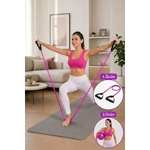 Yüksek Sert Tutacaklı Pilates Direnç Lastiği + Denge Topu 2li Set Mor