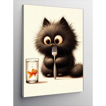 Kanvas Tablo Altın Balıklı Kara Kedi 70cmx100cm