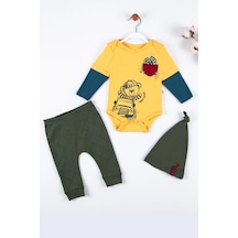 Cep Nakışlı Bear Desenli 3'lü % 100 Pamuklu Erkek Takım Sarı