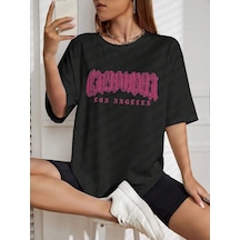 California Letter T-shirt - Siyah Baskılı Oversize Bisiklet Yaka Kısa Kol Tişört Siyah