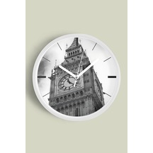 Saat Kulesi - Vintage Temalı Modern Duvar Saati - 42cm - Önü Camlı Beyaz Kasa - Sessiz Mekanizma Beyaz