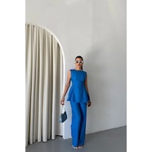 Soonaksesuar Jakar Keten Kolsuz Bluz-pantolon Tk - Mavi Mavi