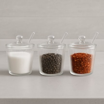 Morponi 3'lü Borosilikat Cam Optik Çizgili Baharatlık Seti Beyaz