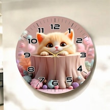 Renkli Baskı Kedi Çocuk Desenli Sayılı Yılbaşı Hediyelik Ahşap Sessiz Tablo Duvar Saati D209 Çok Renkli