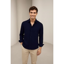 Bürke Yazlık Keten Dokulu Uzun Kollu Lacivert Yarım Oversize Erkek Gömlek Bürke Yazlık Keten Dokulu Uzun Kollu Lacivert Yarım Oversize Erkek Gömlek