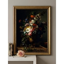 Gold Vintage Varaklı 60x80 Çerçeveli Tablo Klasik Dark Floral Sanat Eseri Hollanda Altın Çağı Çiçek Buketi Yağlı Boya Görünümlü 50x70cm Dokulu Baskı Dekoratif Lüks Salon Tablosu