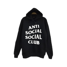Anti Social Club Baskılı Unisex %100 Pamuk Kapüşonlu Siyah Sweatshirt Siyah