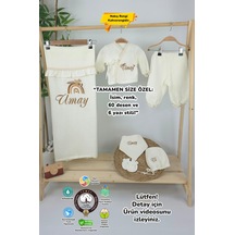 Gros Shop Müslin Yeni Doğan 4katlı Organik %100pamuk Kişiye Özgü Nakışlı Hastane Çıkış Seti Gökkuşağı Model1 Ekru-1