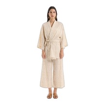 Etnik Desenli Bağlamalı Kısa Kimono Naturel Altın - Siyah