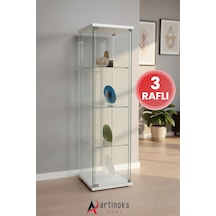 3 Raflı Sade Cam Vitrin Dolap Gümüşlük Koleksiyon Sergi Kitaplık Kapaklı Büfe Mutfak Raflı Vitrin Detolf Beyaz