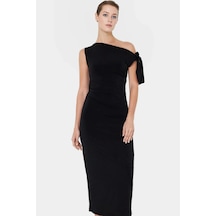 Ersefa Vücuda Oturan Maxi Elbise Tek Omuz Asimetrik Yaka Polyester Kumaş Siyah
