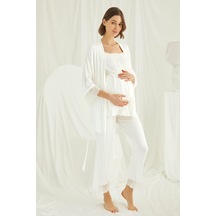 Monamise 18203 Kadın Ekru Hamile Lohusa 3'lü Sabahlık Pijama Takım