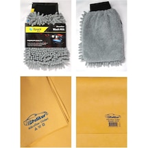 Spark 7050 Şönil Oto Temizlik Eldiveni & Polikur 3219 Mikrofiber Güderi Oto Kurulama Bezi 2'li Set