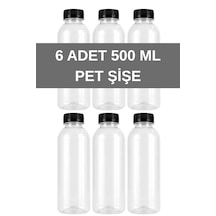 6 Adet Yuvarlak Plastik Şişe 500ml Siyah Kapaklı Şeffaf