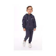 Toontoy Kids Toontoy Erkek Çocuk 2'li Takım Baskılı Kapüşonlu Fermuarlı Cepli Sweatshirt & Beli Paçası Lastikli Jogger Eşofman Altı - 3 İplik Şardonlu Füme