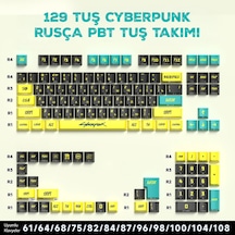 129 Tuş Cyberpunk Rusça Pbt Tuş Takımı Sarı Turkuaz Mekanik Klavye Keycaps Seti, Geniş Uyumluluk