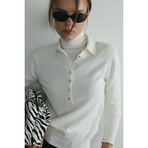 Suud Collection Beyaz Carter Polo Yaka Triko Kazak