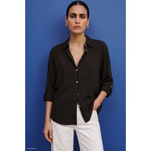 Sateen Çizgili Kolu Katlama Detaylı Gömlek - Bitter-137844 Koyu Kahverengi