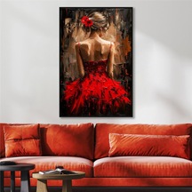 Yağlı Boya Dokulu Tablo Modern Kırmızı Elbiseli Sırtı Dönük Kadın Siyah Çerçeveli U05010-178962