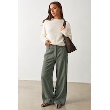 Madmext Haki Yüksek Bel Keten Wide Leg Pantolon Mg2718