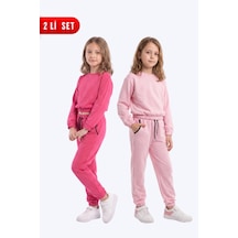 Fyk Kids 2'li Yuvarlak Yakalı Beli Lastikli Crop Kesim 4 Parça Kız Çocuk Alt Üst Eşofman Takımı Fuşya-pembe
