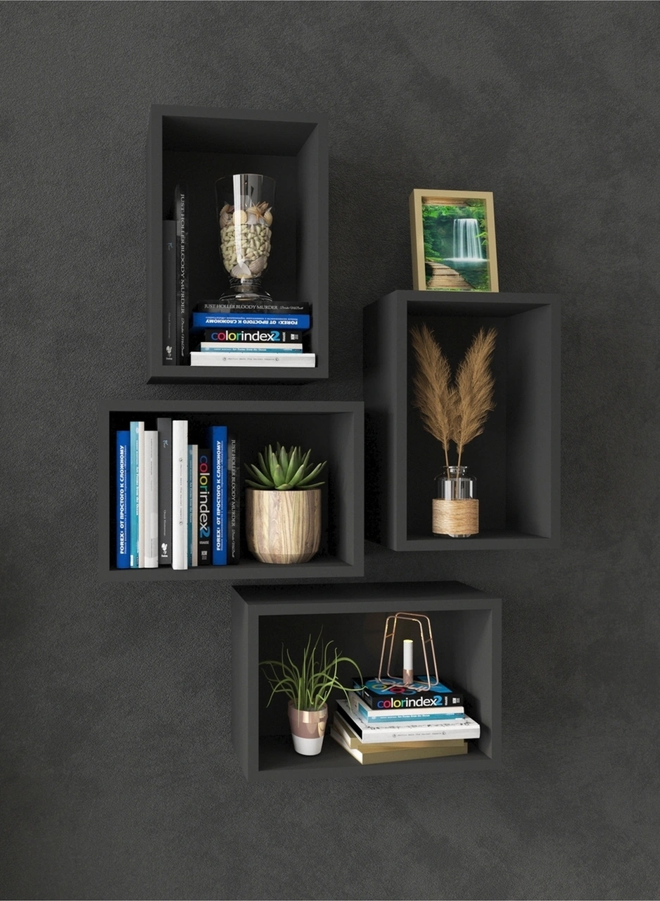 Kitaplık Dikdörtgen Duvar Rafı Arkalıklı Mobilya Takım Antrasit Antrasit