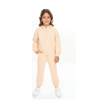 Toontoy Kids Toontoy Kız Çocuk 2'li Takım Kapüşonlu Yarım Fermuarlı Ribanalı Sweatshirt & Beli Paçası Lastikli Jogger Eşofman Altı - 2 İplik Bej