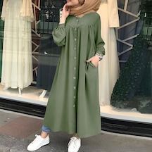 Barbora Keten Günlük Yazlık Tasarım Gömlek Kadın Elbise Büzgülü Ln351haki9 001