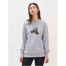 Watercolor Train Baskılı Gri Kadın Sweatshirt