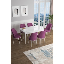 Canisa Concept Han Serisi 70x114 Açılabilir Mdf Mutfak Masası Takımı Beyaz Masa 6 Mor Sandalye Masa Beyaz Sandalyeler Mor