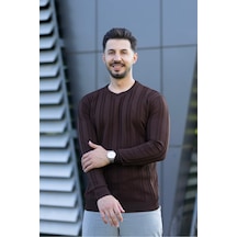 Hk Premium Kazak Fitilli Bisiklet Yaka Slim Fit Triko Kahverengi