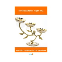 Pirinç Sedefli Şamdan 3'lü Altın Detaylarla Şık Dekor 1 Adet