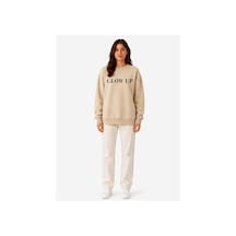 Herkesemoda Glow Up Baskı Detaylı Şardonlu 2 İplik Bisiklet Yaka Sweatshirt Bej