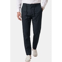Deepsea Lacivert Slim Fit Likralı Keten Dokulu Lastikli Belli İpli Yazlık Erkek Pantolon 2603001