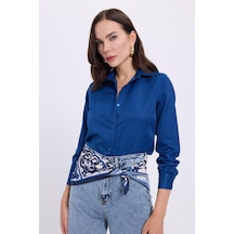 Tudors Kadın Slim Fit Dar Kesim Vücuda Oturan Uzun Kollu Lacivert Basic Gömlek-38823 Lacıvert