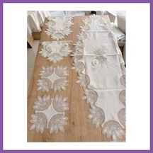 Bezos Salon Takımı Çeyizlik Krem Runner Set 5 Parça Keten Ranır Masa Konsol Sehpa Örtüsü Lady Bzoshb