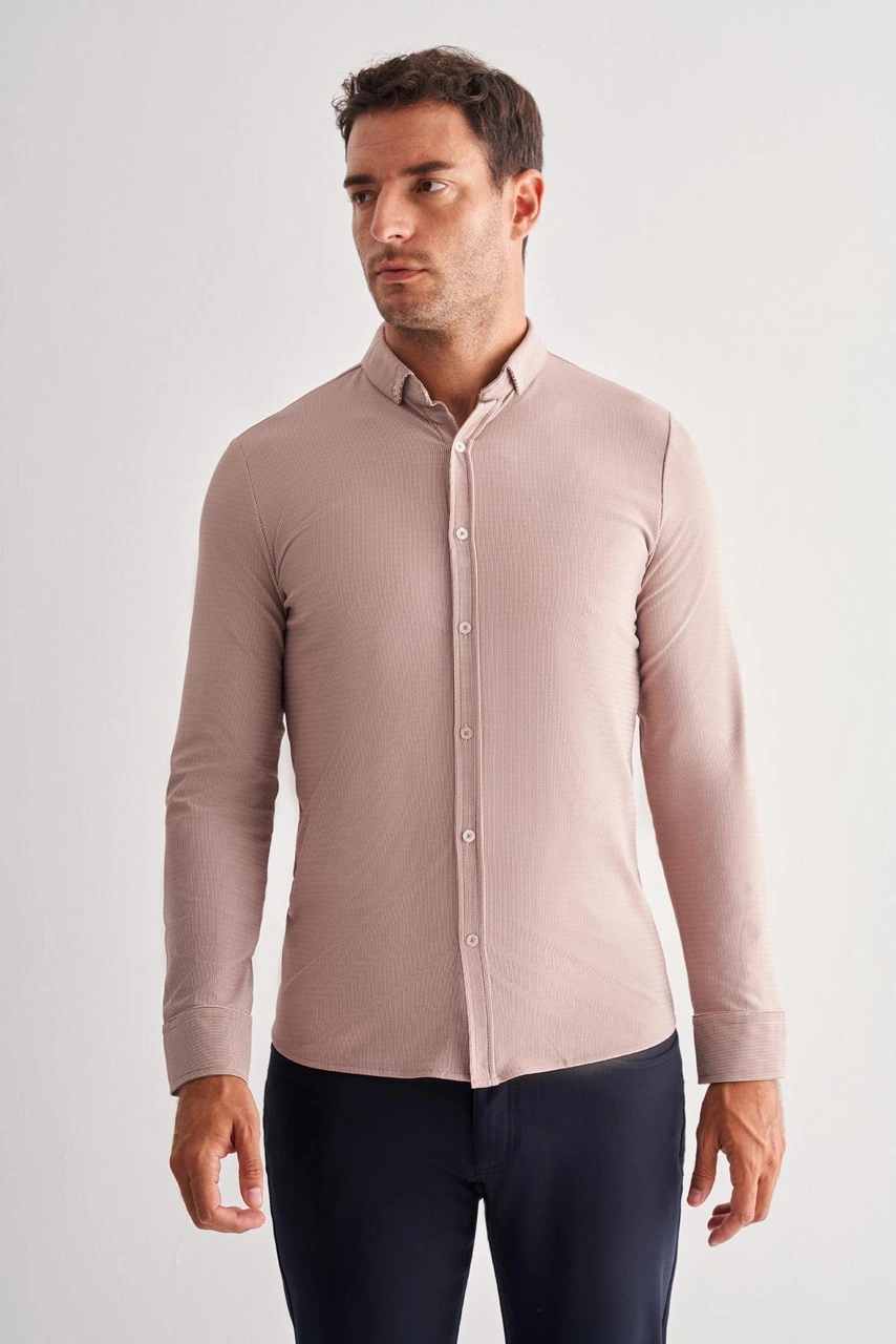 İmza Koyu Kahverengi Smart Düğmeli Yaka Uzun Kol Cepsiz Slim Fit Casual Gömlek 1004255165 Koyu Kahverengi