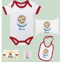 Bk Kids Kişiye Özel İsimli 5 Parça Kırmızı Bebek Body Zıbın Yastık Hediye Seti, Yeni Doğan Bebek Giyim Hediyesi-5