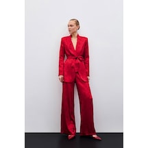 Sateen Bol Paça Desenli Pantolon - Kırmızı-135711 Kırmızı