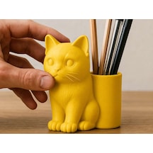 3d Baskı Kedi Figürlü Kalemlik - Masaüstü Organizer - Sarı Diğer