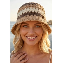 Tezzgelsin Kadın Hasır Bucket Şapka Zikzak Desenli Crochet Yazlık Plaj Şapkası Bej